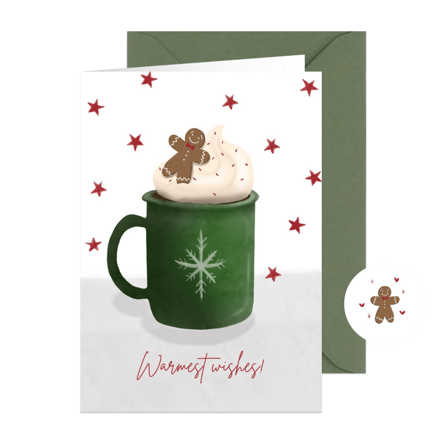 Kerstkaart warmest wishes met warme chocomelk en sterren - Kaartimpressie