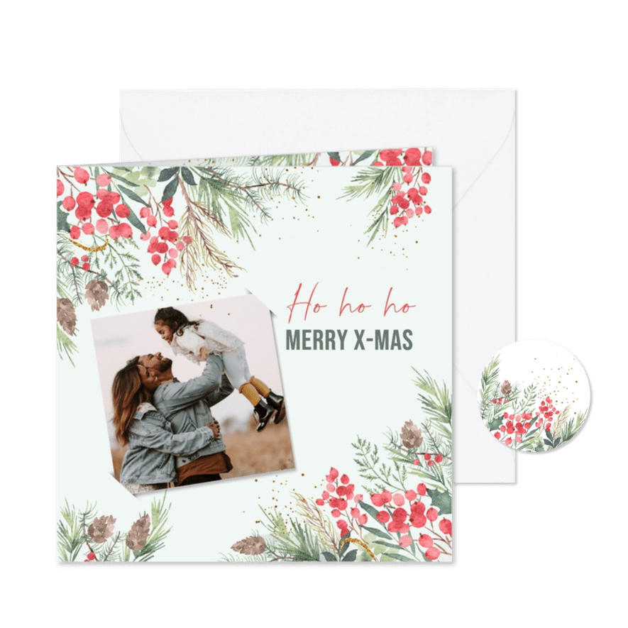 Kerstkaart watercolor met takjes en foto - Kaartimpressie