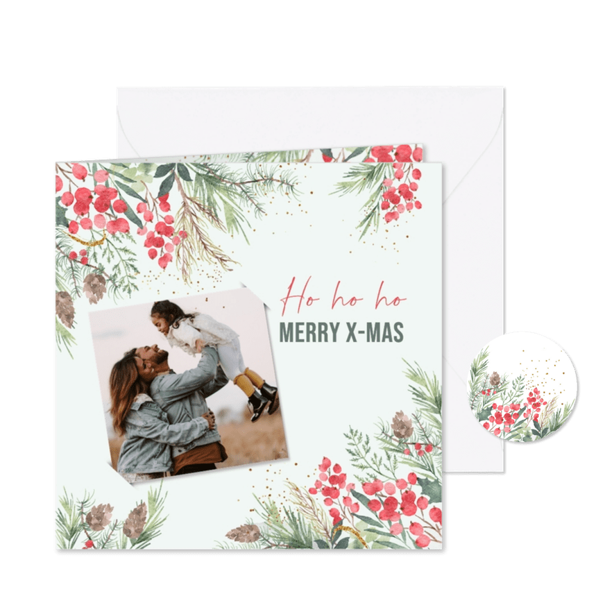 Kerstkaart watercolor met takjes en foto - Kaartimpressie