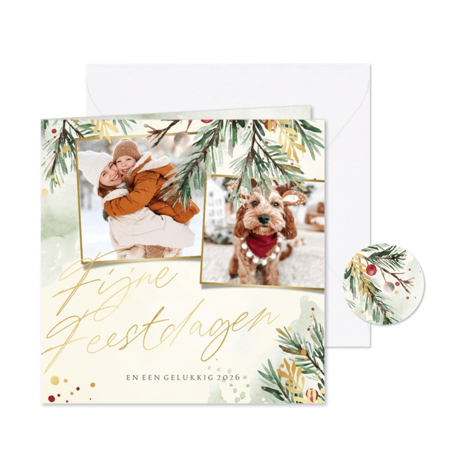Kerstkaart waterverf 2 foto's kerst takjes met goud - Kaartimpressie