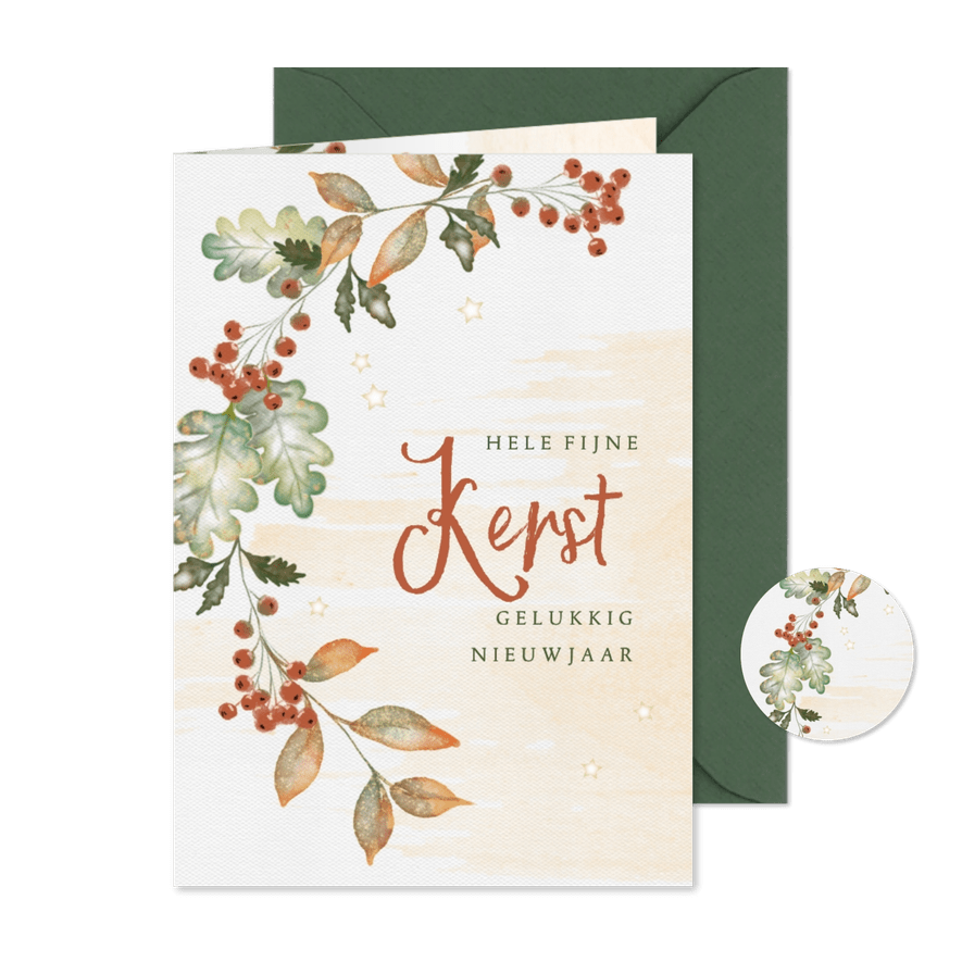 Kerstkaart waterverf bladeren en bessen - Kaartimpressie