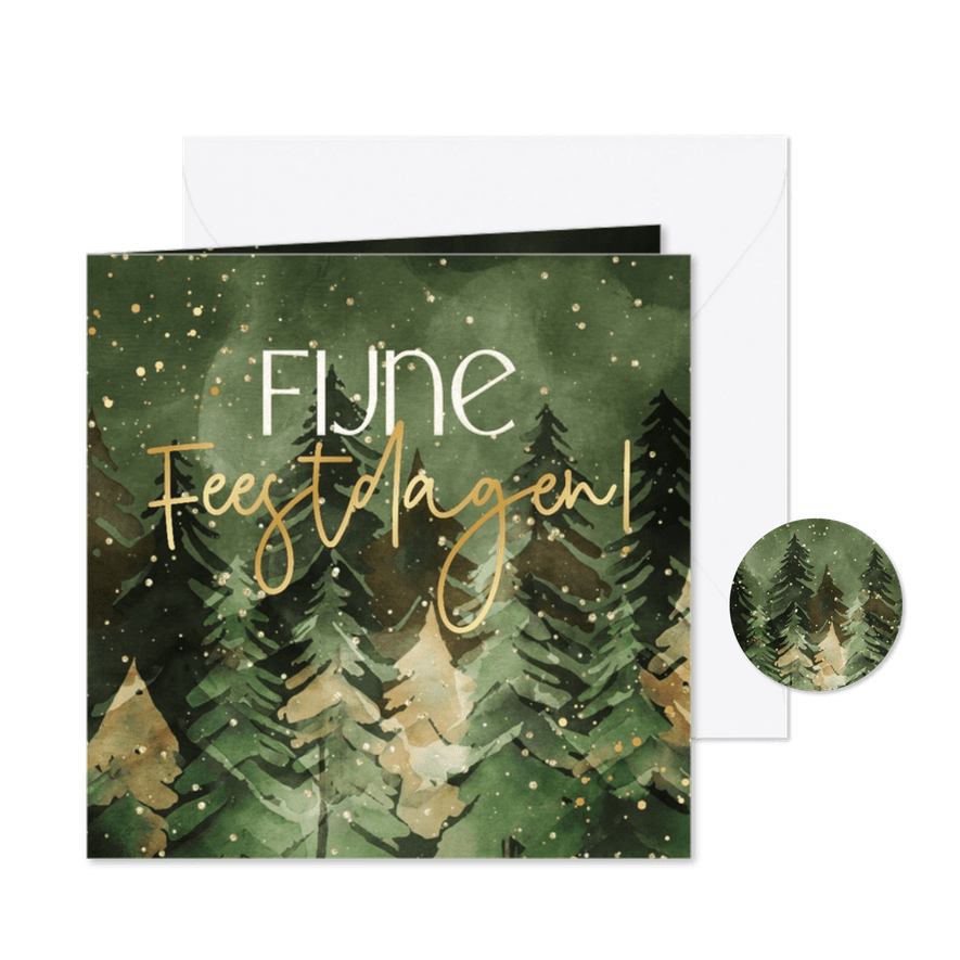 Kerstkaart waterverf kerstbomen goud Fijne Feestdagen - Kaartimpressie