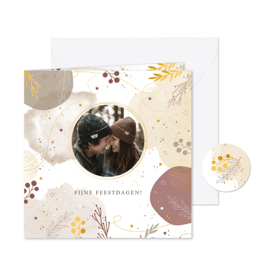 Kerstkaart waterverf met foto takjes en sterren - Kaartimpressie