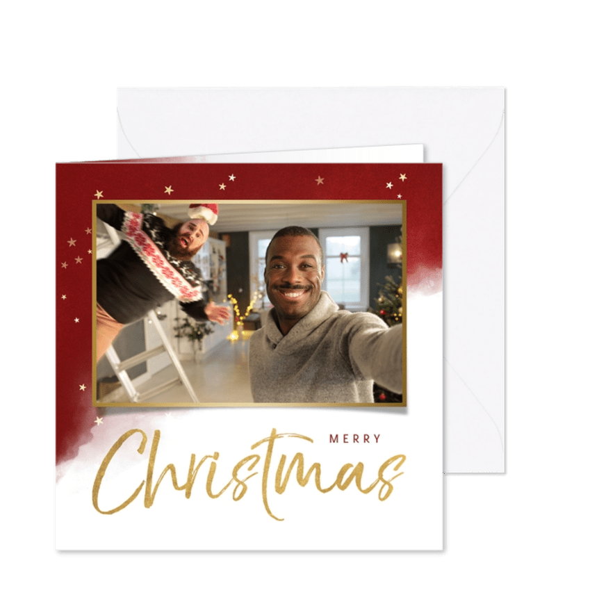Kerstkaart waterverf rood met sterren en grote foto - Kaartimpressie