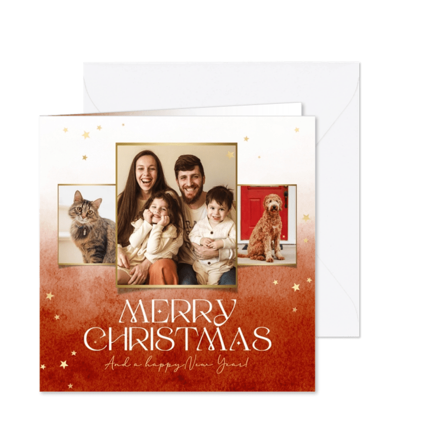 Kerstkaart waterverf terra cotta foto sterren goud christmas - Kaartimpressie