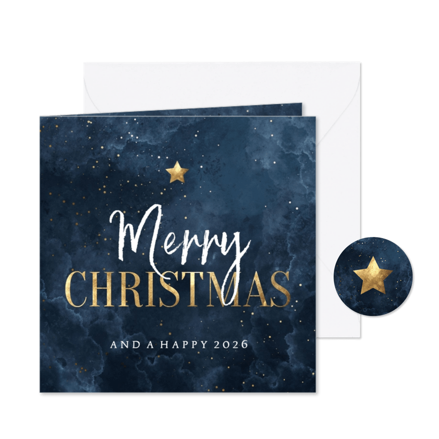 Kerstkaart waterverf wolkjes Merry Christmas met ster - Kaartimpressie