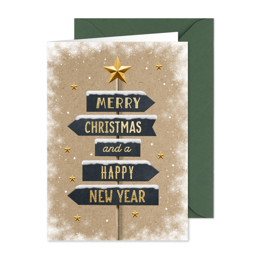 Kerstkaart wegwijzer goud kraftpapier sneeuw - Kaartimpressie