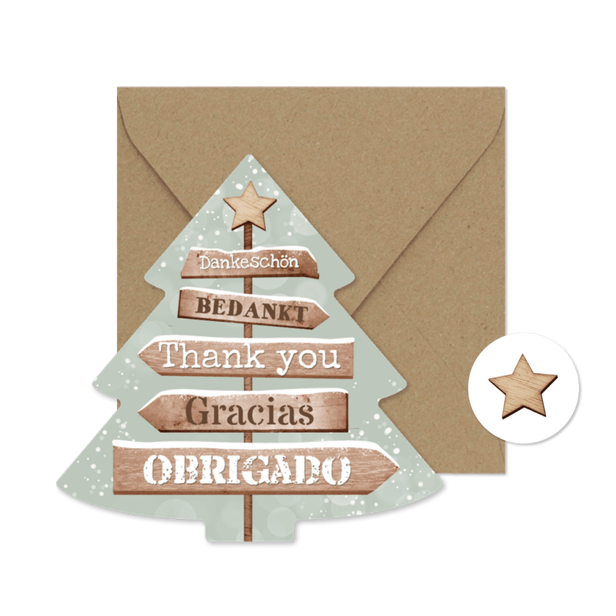 Kerstkaart wegwijzers hout bedankt internationaal - Kaartimpressie