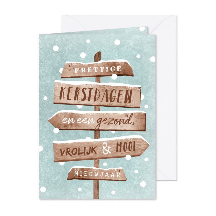 Kerstkaart wegwijzers hout winter sneeuw - Kaartimpressie
