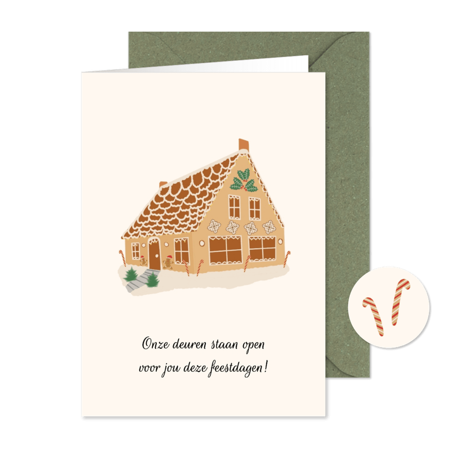 Kerstkaart welkom in ons kersthuis de deuren staan open - Kaartimpressie