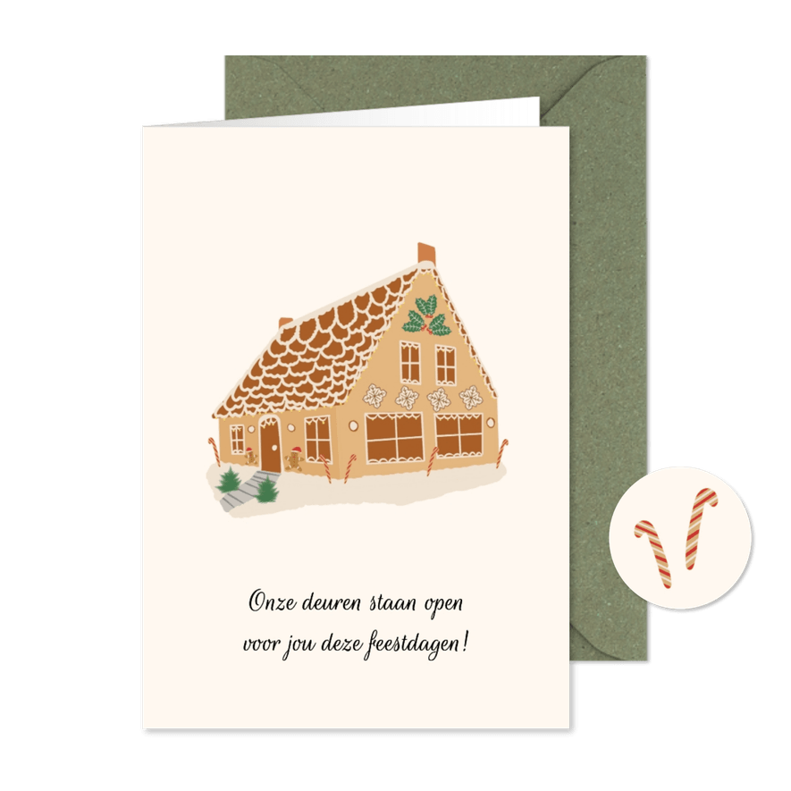 Kerstkaart welkom in ons kersthuis de deuren staan open - Kaartimpressie