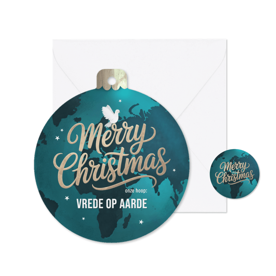 Kerstkaart wereld kerstbal vrede duif sterren - Kaartimpressie