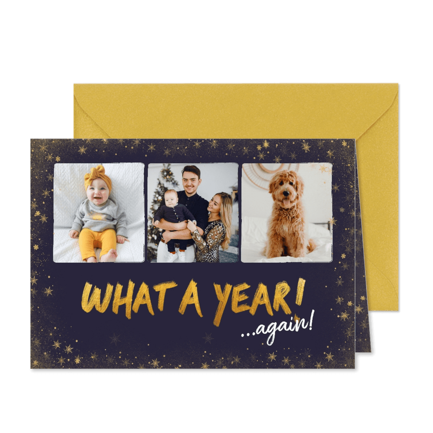 Kerstkaart What a year met fotocollage - Kaartimpressie