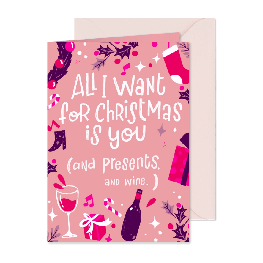 Kerstkaart wijn en cadeaus - Kaartimpressie