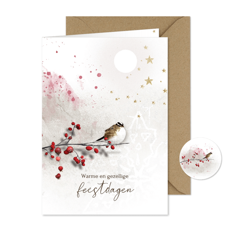 Kerstkaart winter bessentak vogeltje - Kaartimpressie