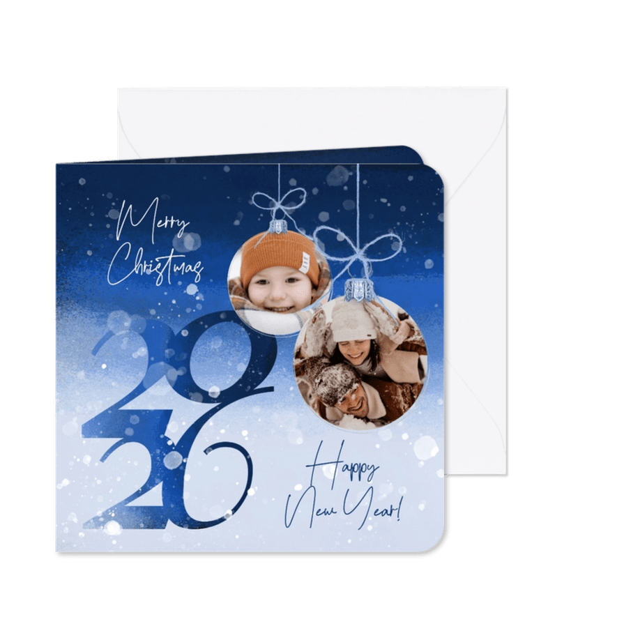 Kerstkaart winter blauw kerstballen - Kaartimpressie