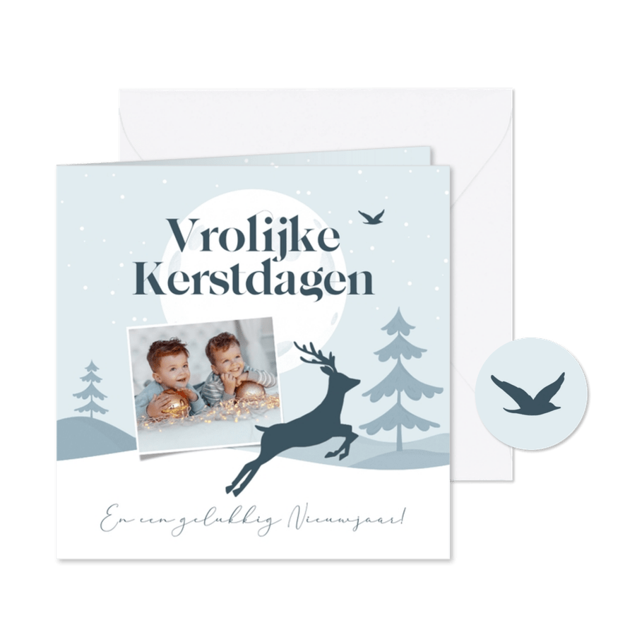 Kerstkaart winter dieren hert rendier sneeuw foto kinderen - Kaartimpressie