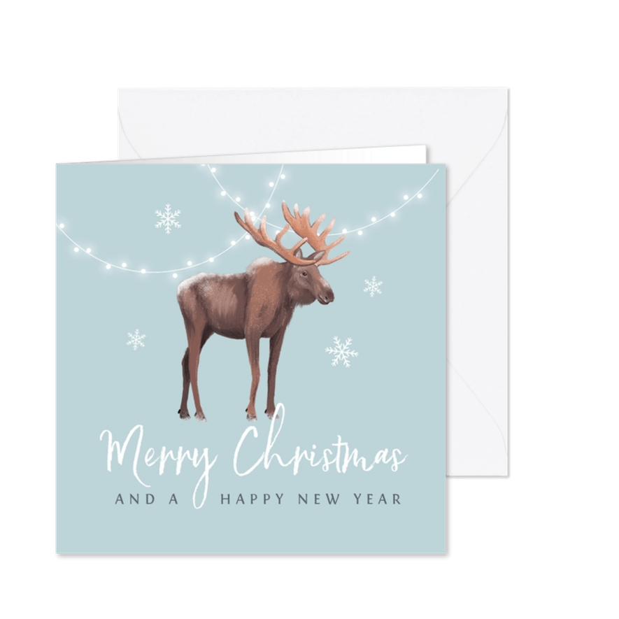 Kerstkaart winter eland lampjes sneeuwvlokken illustratie - Kaartimpressie