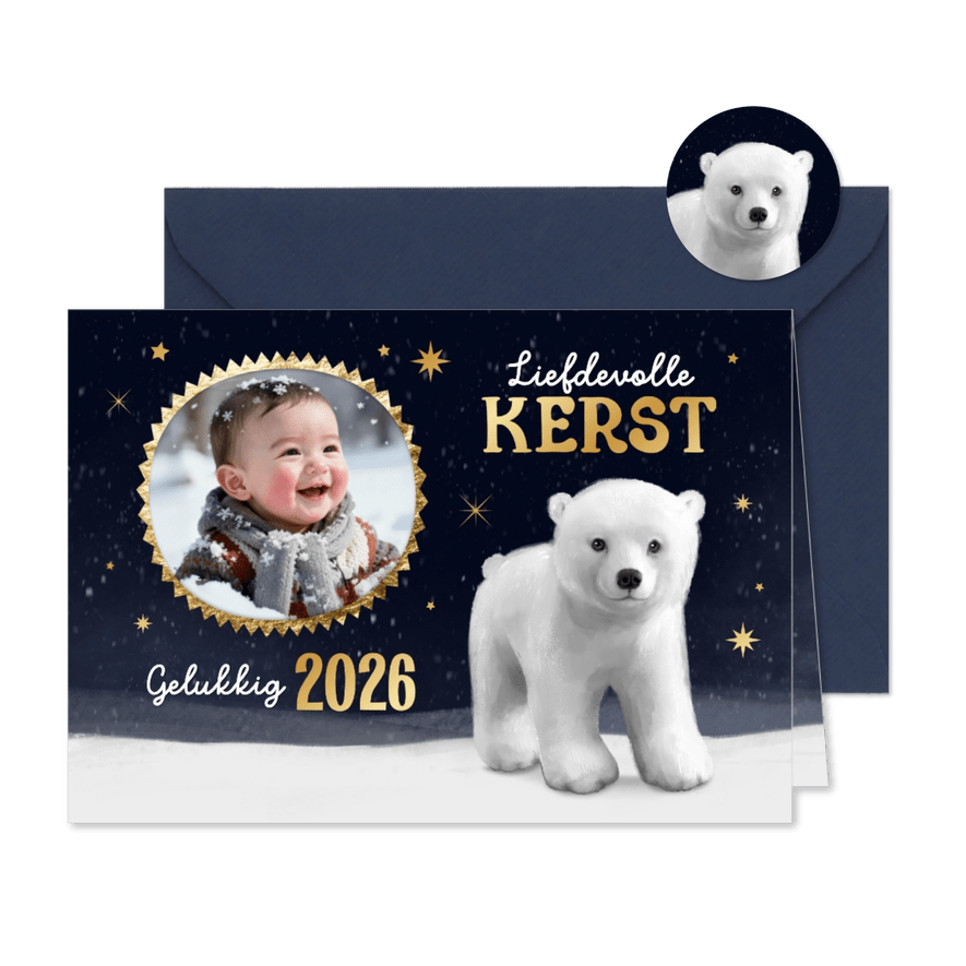 Kerstkaart winter ijsbeer foto sterren goud fijne kerst 2026 - Kaartimpressie