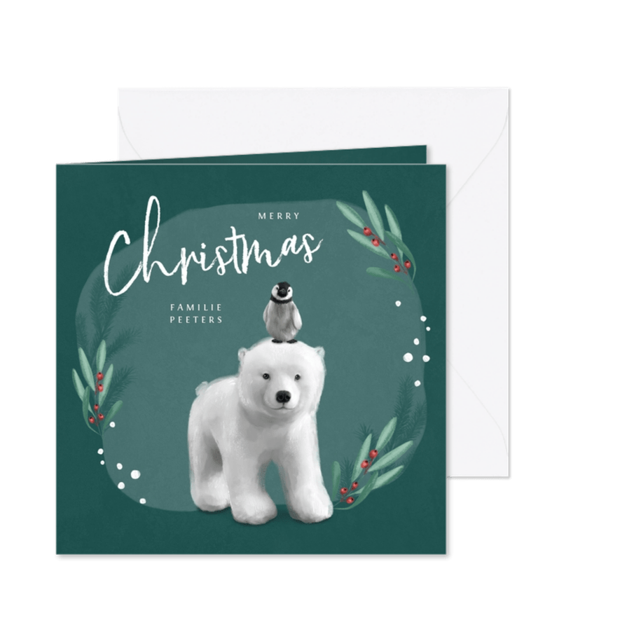 Kerstkaart winter ijsbeer pinguin dieren merry christmas - Kaartimpressie