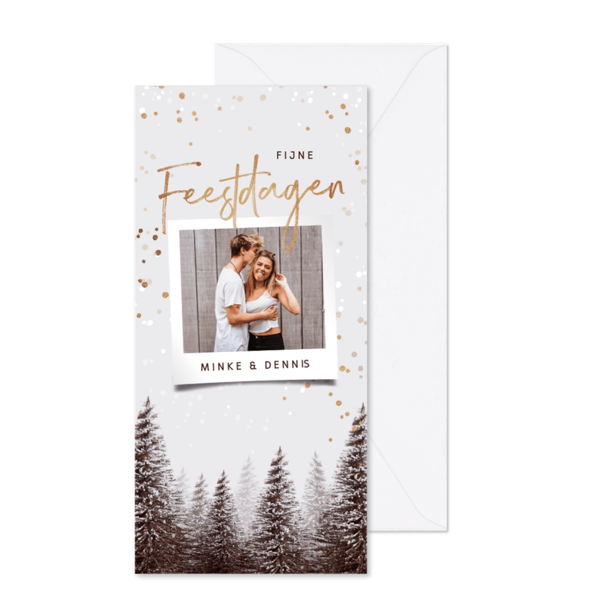 Kerstkaart winter kerstbomen sneeuw confetti foto - Kaartimpressie