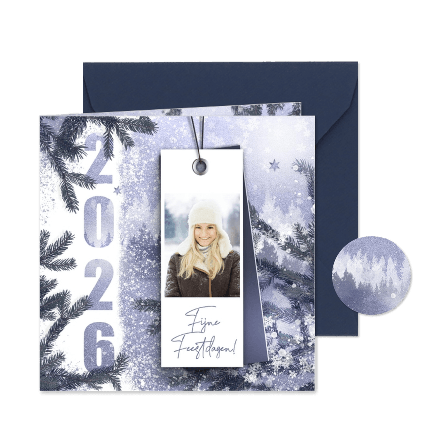 Kerstkaart winter label blauw - Kaartimpressie