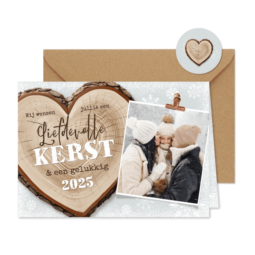 Kerstkaart winter liefde hart hot boomstam foto - Kaartimpressie