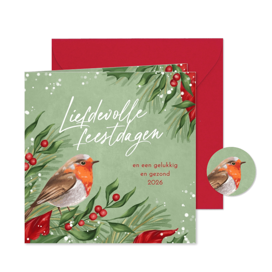 Kerstkaart winter roodborstje takjes sneeuw groen - Kaartimpressie