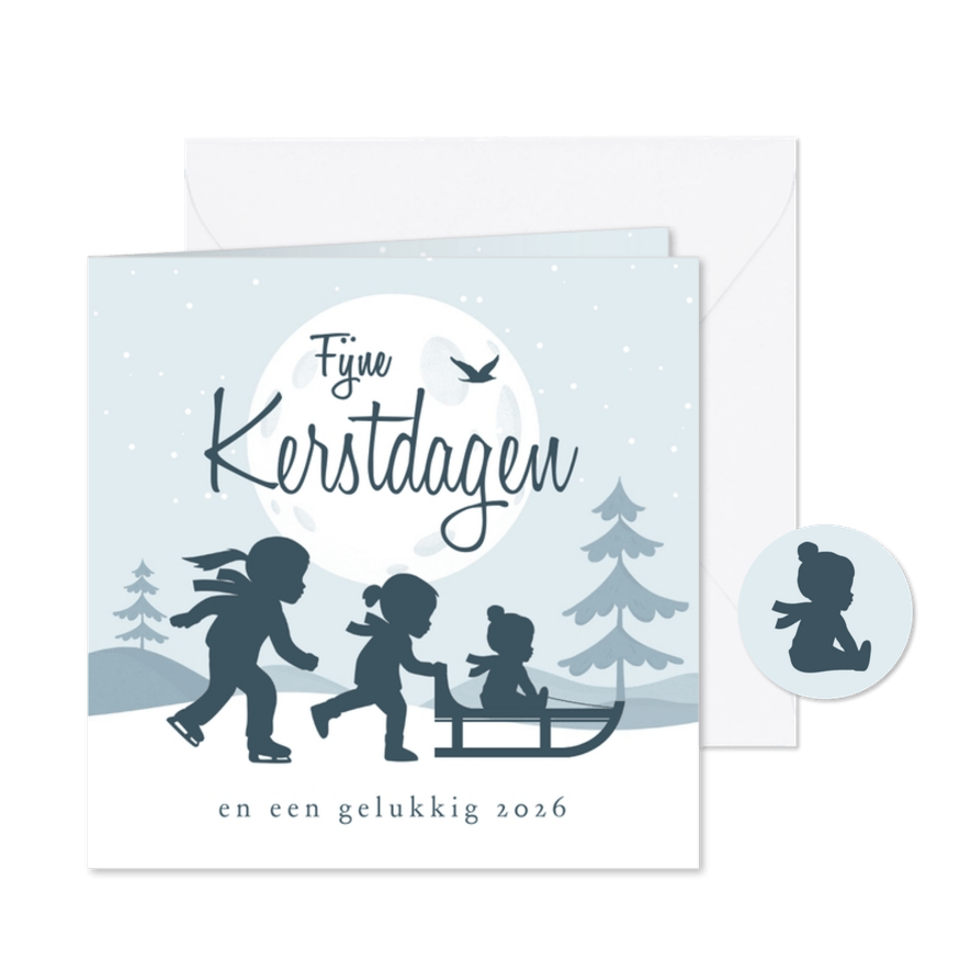 Kerstkaart winter silhouetjes kinderen landschap maan - Kaartimpressie