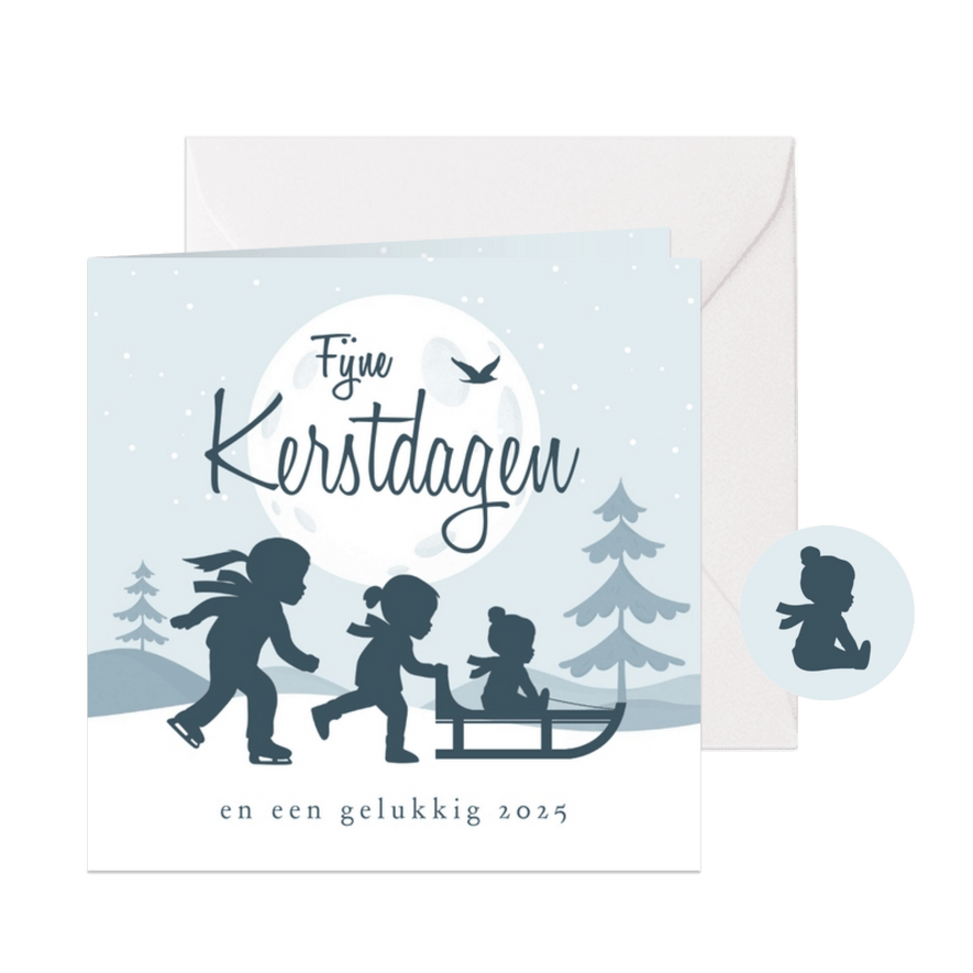 Kerstkaart winter silhouetjes kinderen landschap maan - Kaartimpressie