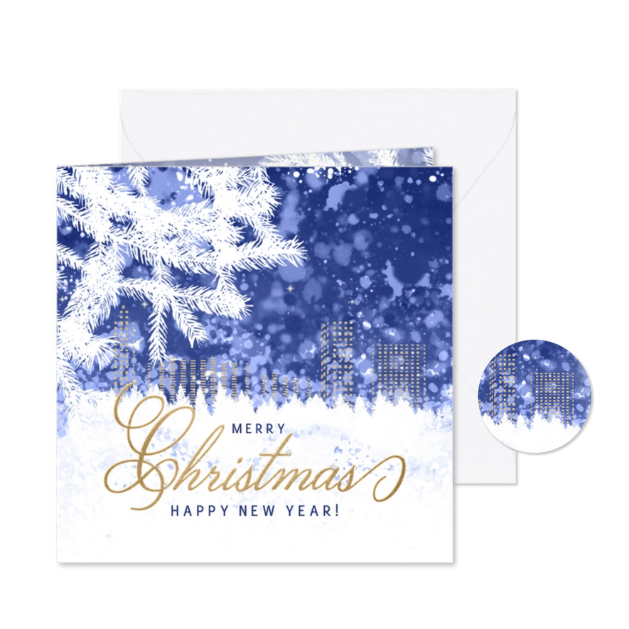 Kerstkaart winter skyline stad blauw - Kaartimpressie