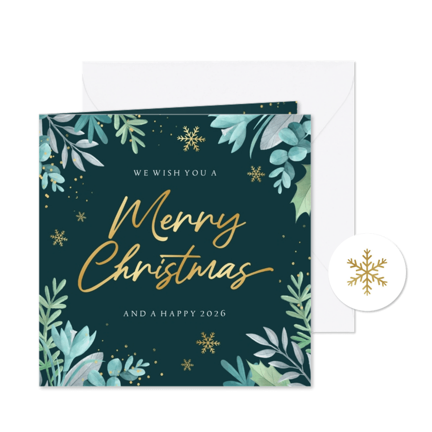 Kerstkaart winter takjes merry christmas sneeuw goud - Kaartimpressie