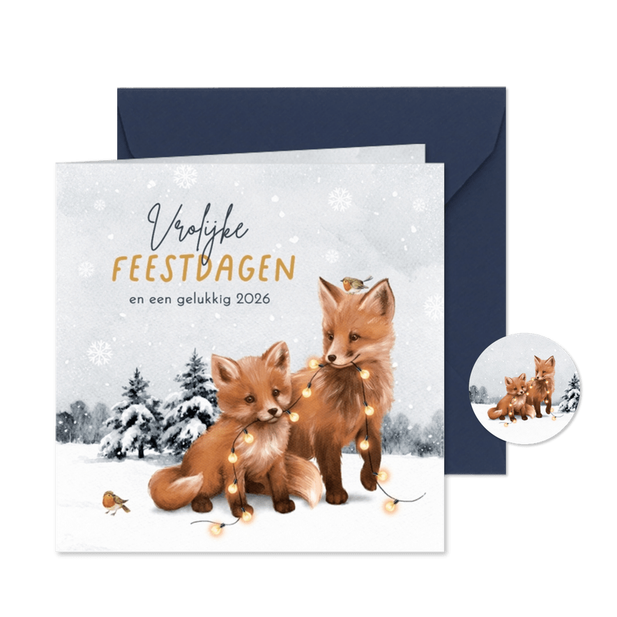 Kerstkaart winter vosjes landschap kerstlampjes - Kaartimpressie