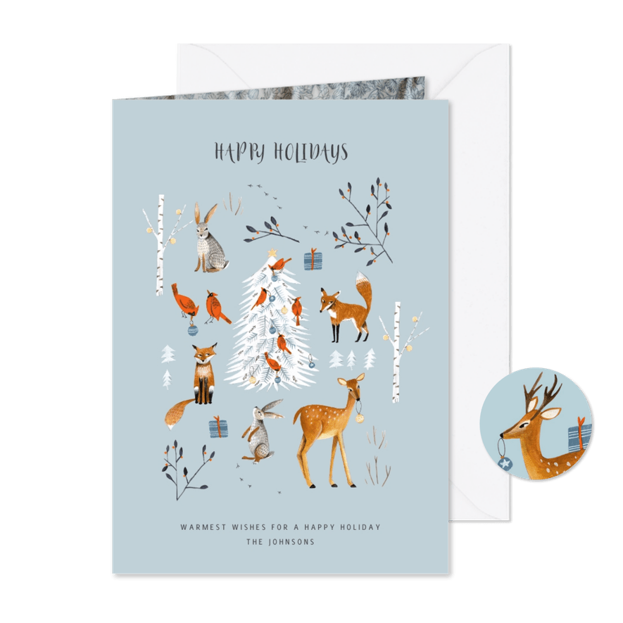 Kerstkaart winter wonderland dieren en kerstboom - Kaartimpressie