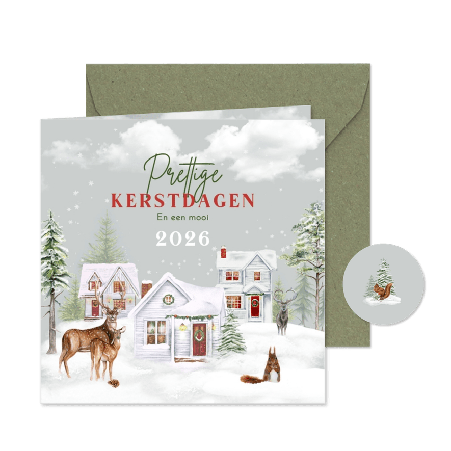 Kerstkaart winterlandschap huisjes met herten en eekhoorn - Kaartimpressie