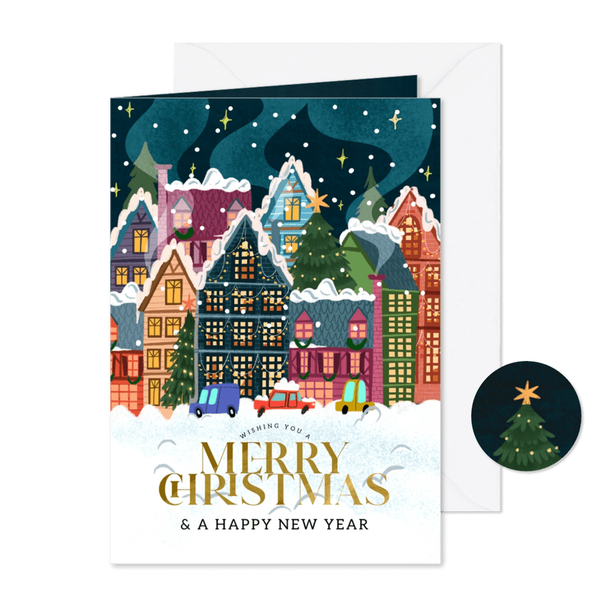 Kerstkaart winterlijk kleurrijk wonder dorp - Kaartimpressie