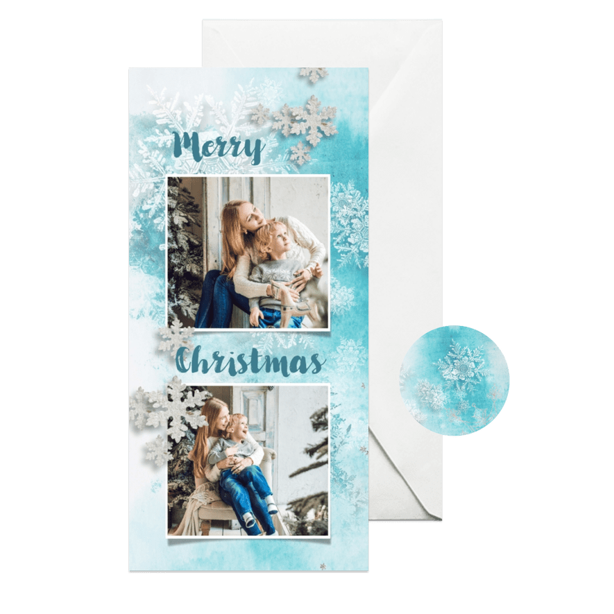 Kerstkaart winters blauw met foto - Kaartimpressie