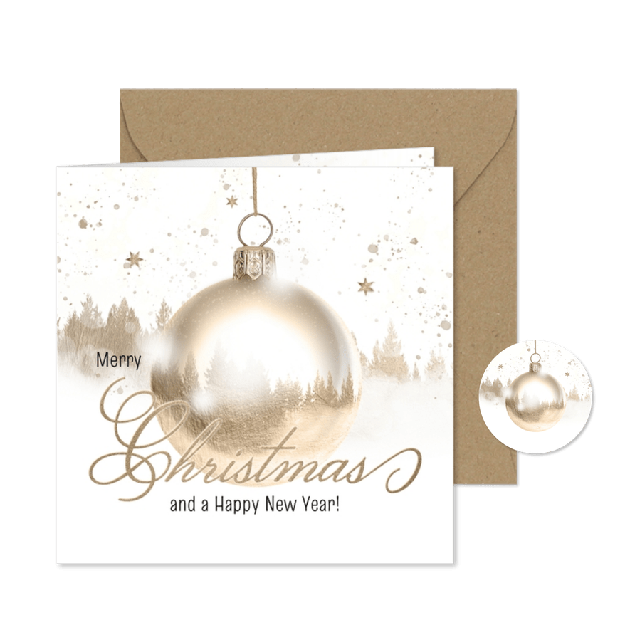 Kerstkaart winters bos kerstbal - Kaartimpressie