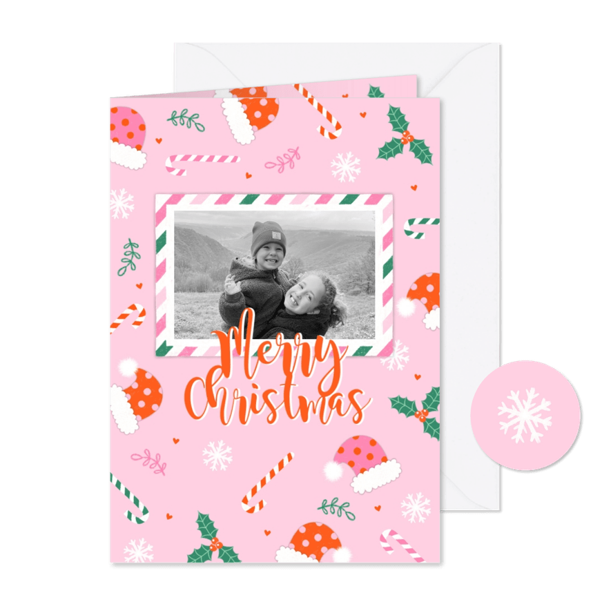 Kerstkaart winters kerstpatroon roze - Kaartimpressie