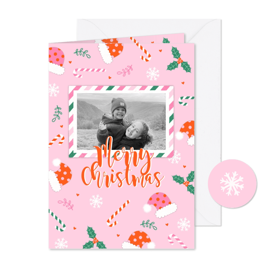 Kerstkaart winters kerstpatroon roze - Kaartimpressie