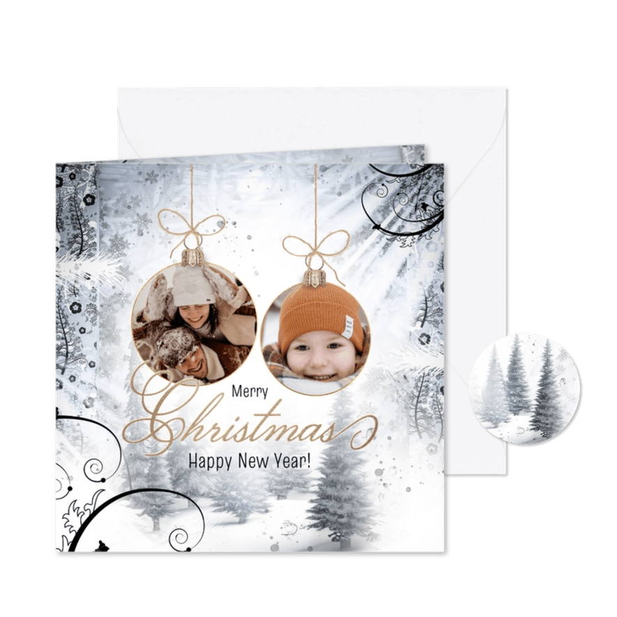 Kerstkaart winters landschap en kerstballen - Kaartimpressie