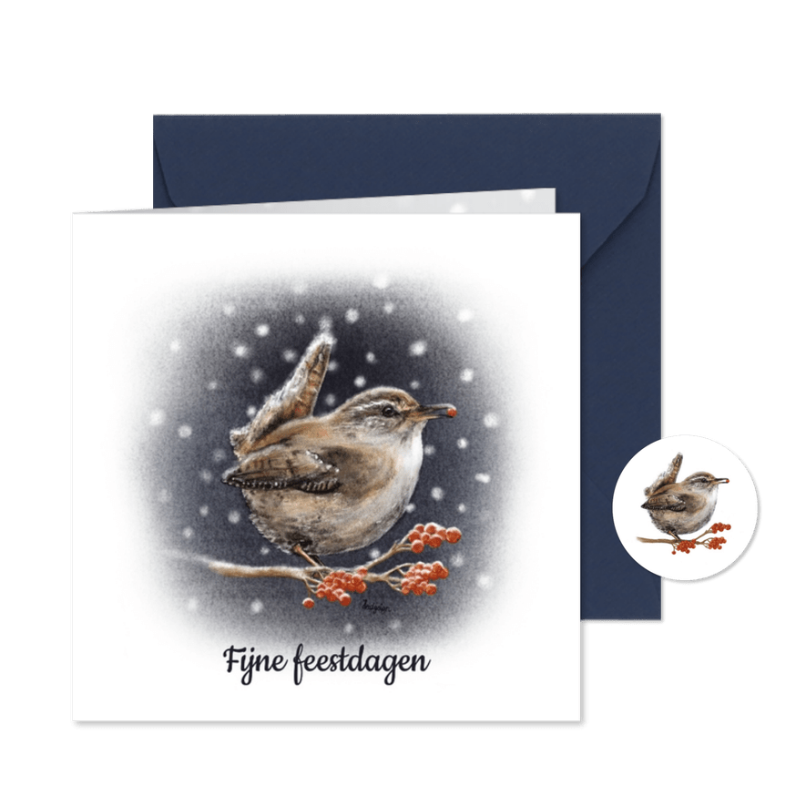 Kerstkaart winters met winterkoninkje met een besje - Kaartimpressie