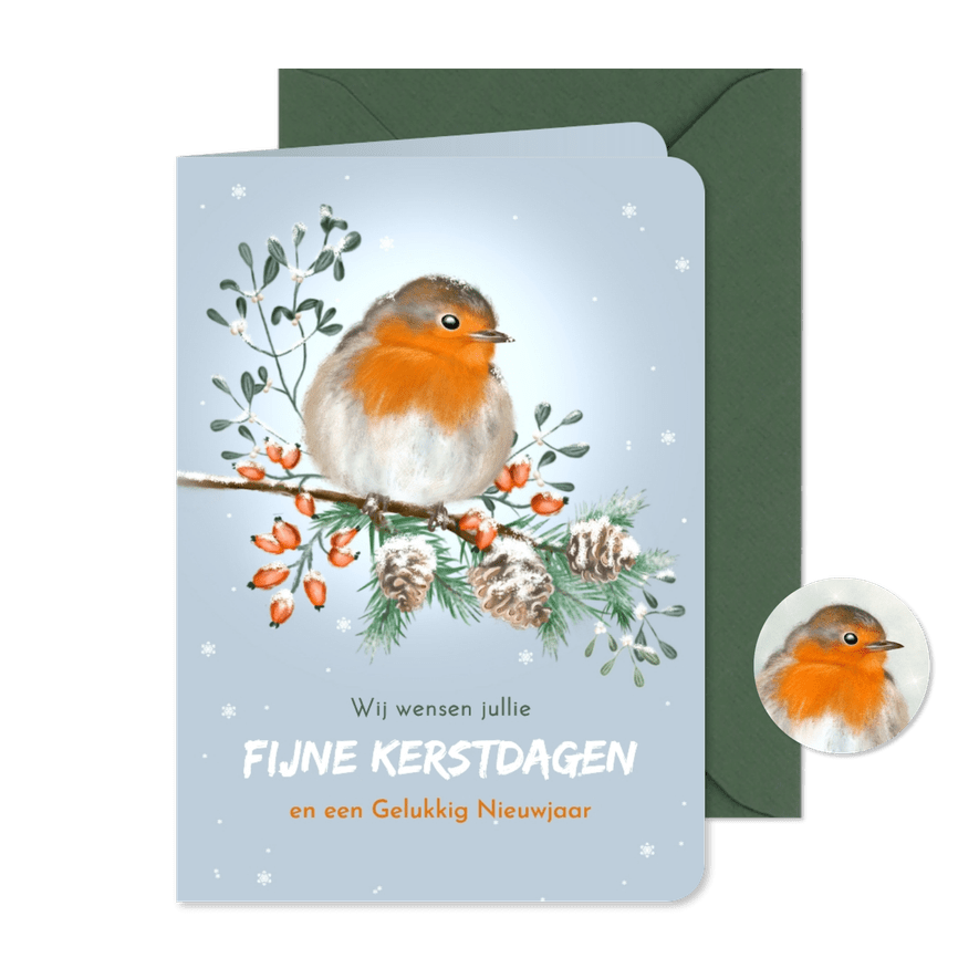 Kerstkaart winters roodborstje met kerstgroen - Kaartimpressie