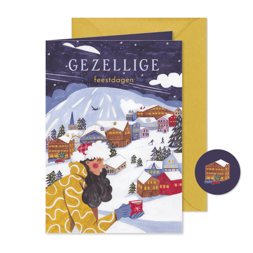 Kerstkaart wintersport vrouw in berg landschap - Kaartimpressie