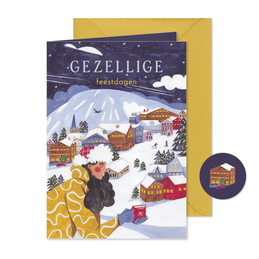 Kerstkaart wintersport vrouw in berg landschap - Kaartimpressie