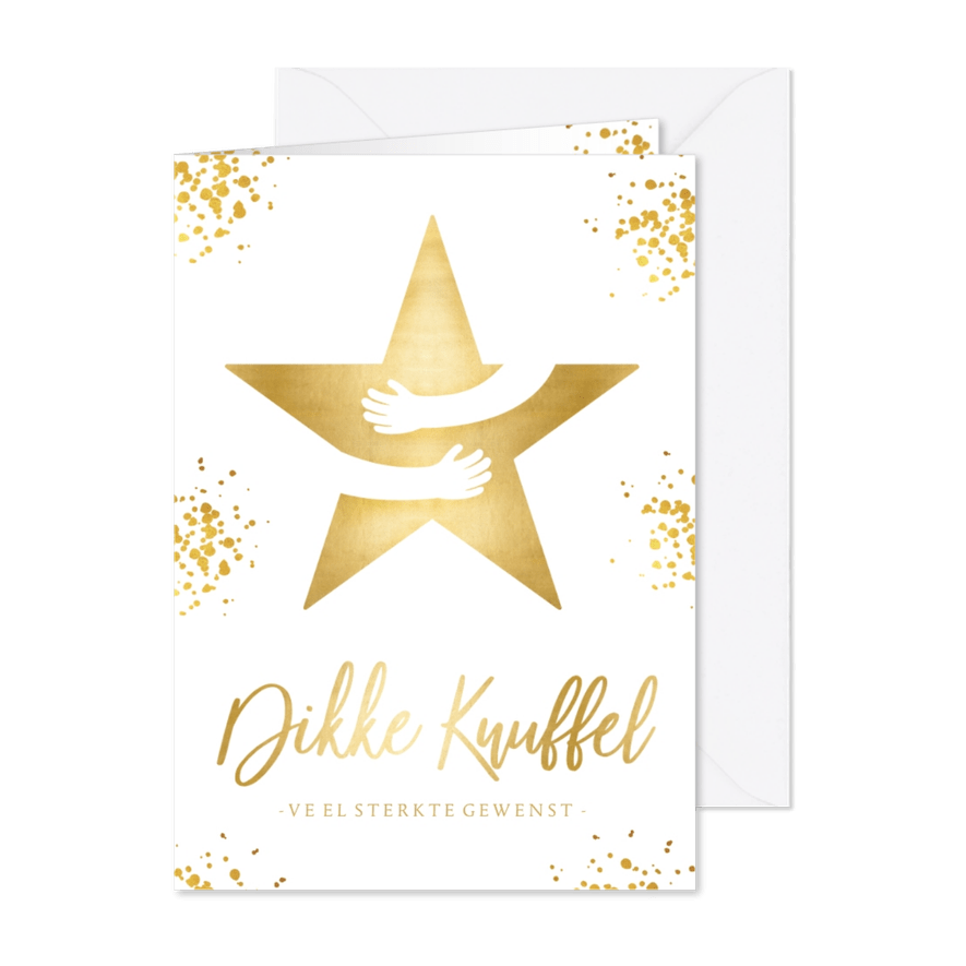 Kerstkaart wit - dikke knuffel ster in goud met omarming - Kaartimpressie