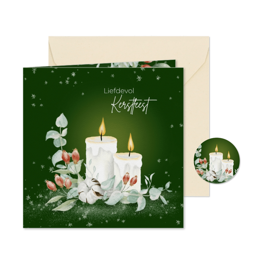 Kerstkaart witte kaarsen met kerstgroen - Kaartimpressie