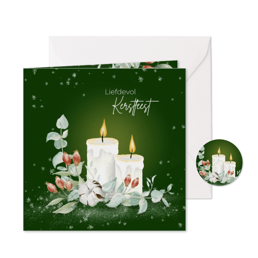 Kerstkaart witte kaarsen met kerstgroen - Kaartimpressie