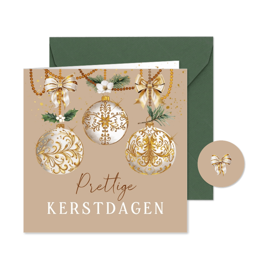 Kerstkaart witte kerstballen met goud en strik - Kaartimpressie