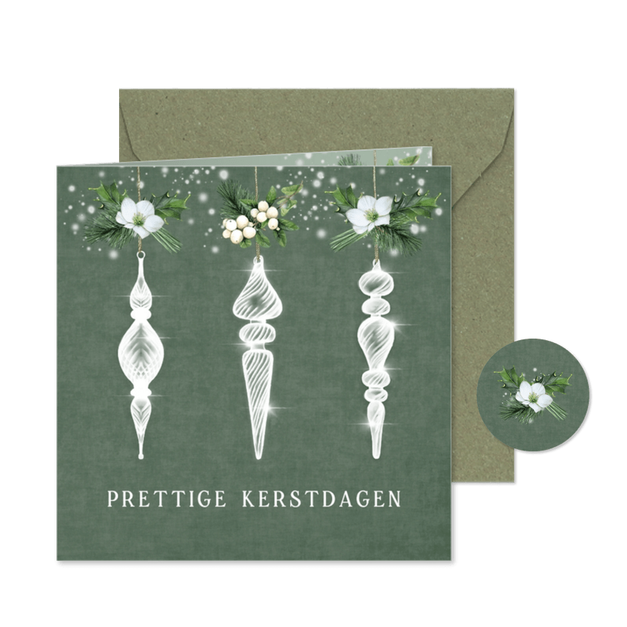 Kerstkaart witte kerstornamenten op groen structuur - Kaartimpressie